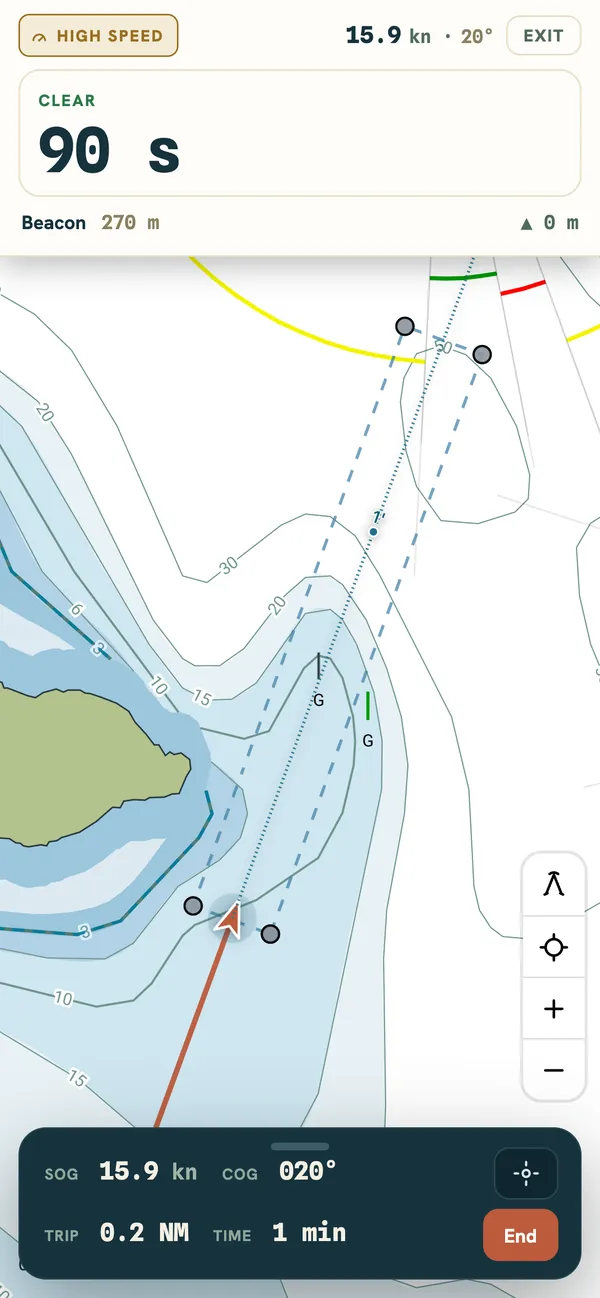 High-speed mode at 15.9 knots: a banner reads “Clear, 90 s”, the next mark is a beacon 270 m ahead, and a dashed corridor runs between charted buoys.