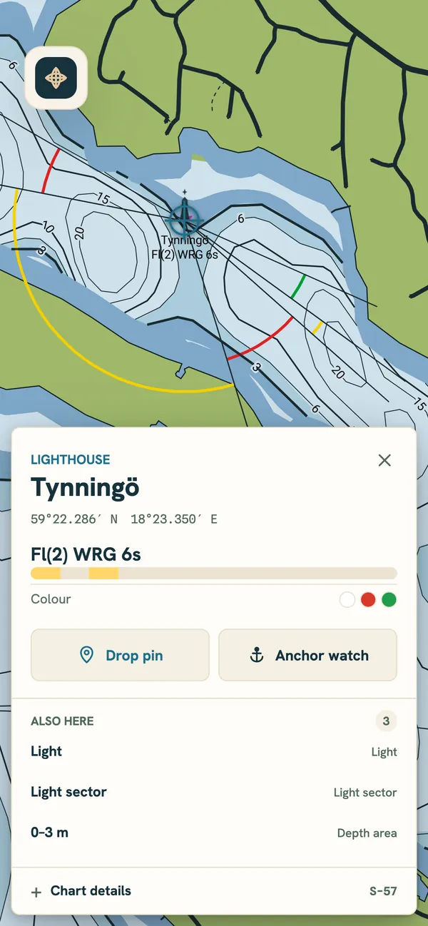 Bold palette with Tynningö lighthouse selected: a card shows “Fl(2) WRG 6s”, a rhythm bar with two flashes, and white, red and green colour chips above coloured sector arcs.