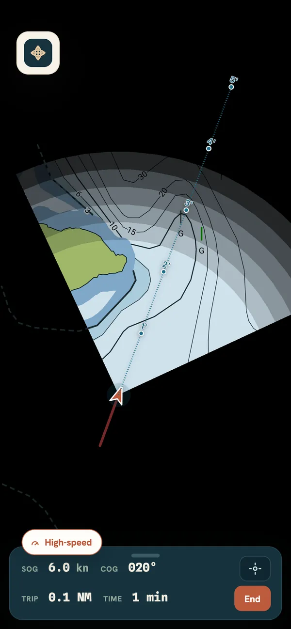 Spotlight corridor mode: a black screen except a lit wedge ahead of the boat showing land, depth bands and contours, a green mark and a one-to-five-minute time ruler.