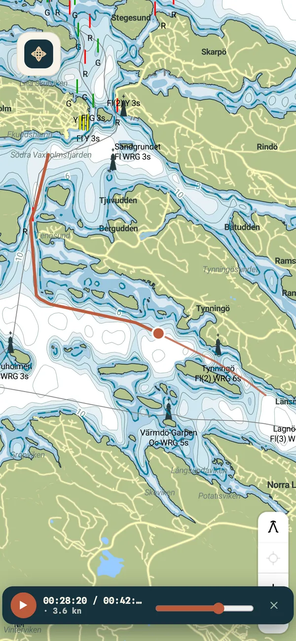 A recorded passage from Vaxholm through Tenösund towards Tynningö replayed two-thirds through, with a play bar reading 00:28:20 at 3.6 knots.