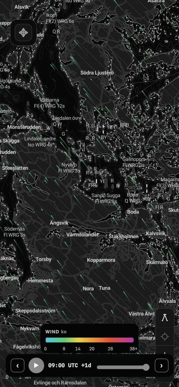 Wind particles streaming across the outer Stockholm archipelago on the black-and-white chart, with a wind-speed key and a forecast play bar.
