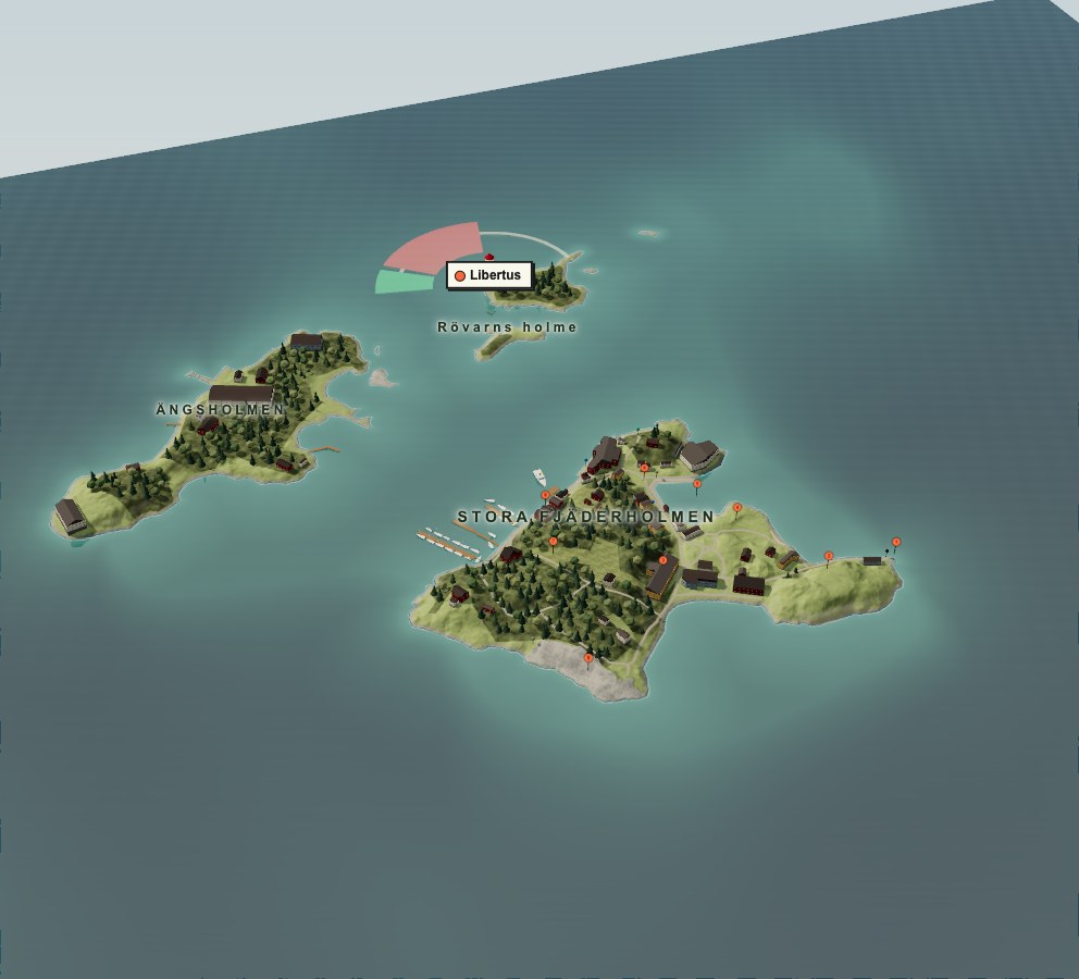 Four wooded islands in Saltsjön, with waterfront cottages, jetties and a ferry crossing the channel.