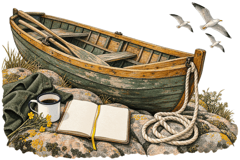 A painted wooden rowing boat, rope, coffee and a blank notebook: shore leave, imagined.
